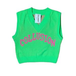 Collusion Green Knit Vest with Pink Lettering